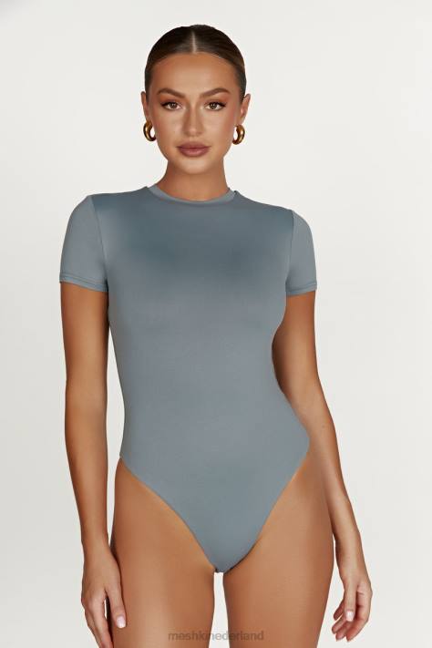 Meshki Francesca gerecycled nylon bodysuit met ronde hals en korte mouwen kleding lichte houtskool XP0T869