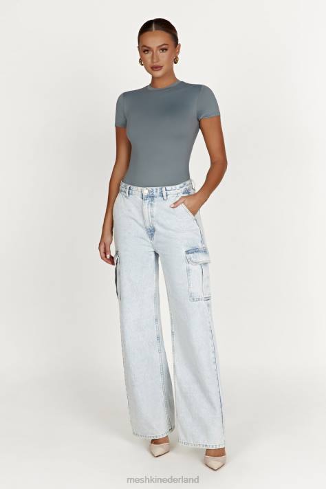 Meshki Francesca gerecycled nylon bodysuit met ronde hals en korte mouwen kleding lichte houtskool XP0T869