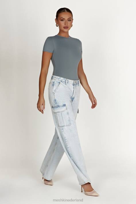 Meshki Francesca gerecycled nylon bodysuit met ronde hals en korte mouwen kleding lichte houtskool XP0T869