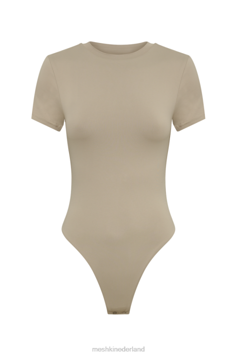 Meshki Francesca gerecycled nylon bodysuit met ronde hals en korte mouwen kleding taupe XP0T837