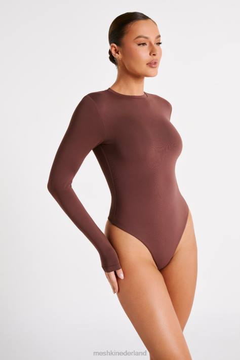 Meshki delilah bodysuit van gerecycleerd nylon met lange mouwen en ronde hals kleding mokka XP0T774