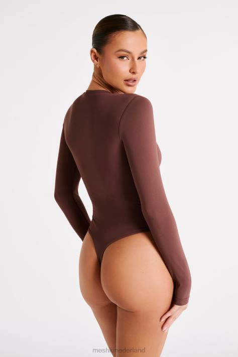 Meshki delilah bodysuit van gerecycleerd nylon met lange mouwen en ronde hals kleding mokka XP0T774
