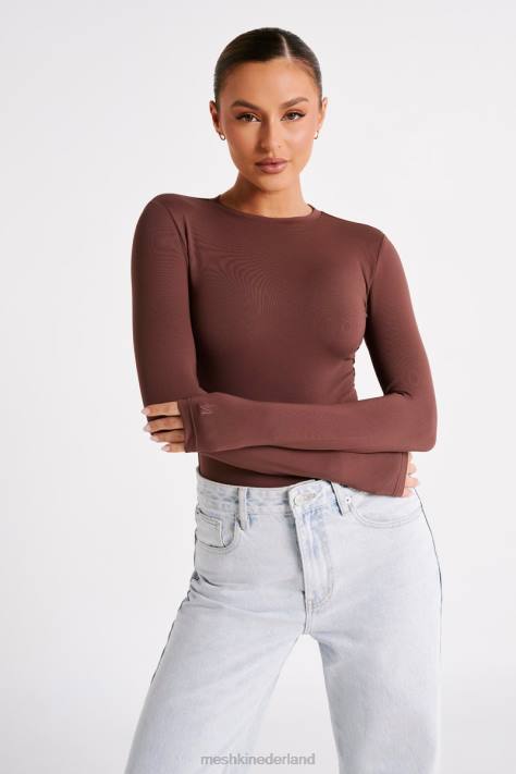 Meshki delilah bodysuit van gerecycleerd nylon met lange mouwen en ronde hals kleding mokka XP0T774