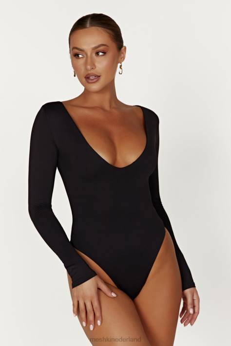 Meshki nia bodysuit met lange mouwen en v-hals kleding zwart XP0T951