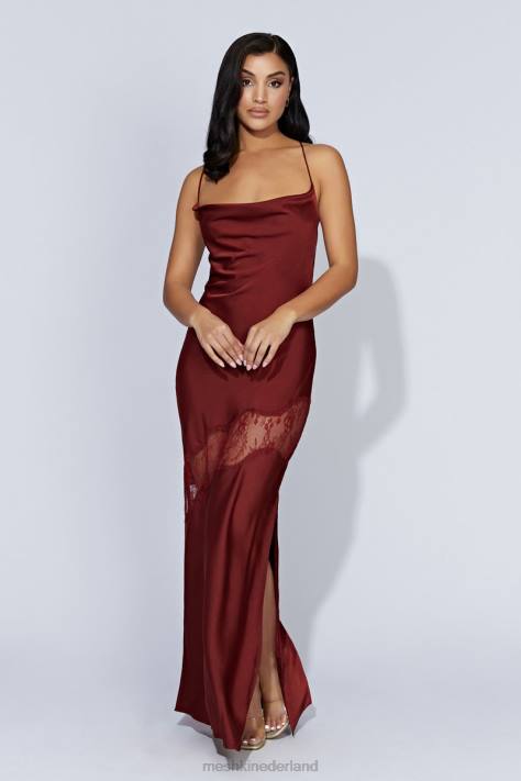 Meshki Chandra maxi-jurk van satijn met kantdetail kleding kersen chocolade XP0T85