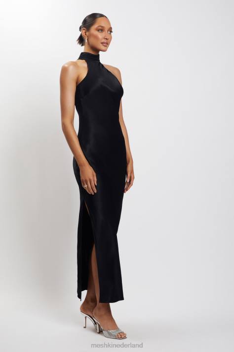 Meshki Claire satijnen maxi-jurk met gedrapeerde achterkant en split kleding zwart XP0T101