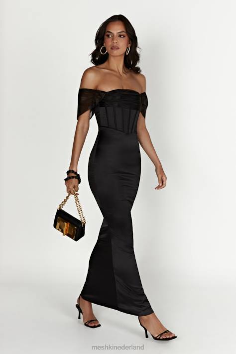 Meshki Everly off-shoulder organza satijnen maxi-jurk kleding zwart XP0T430