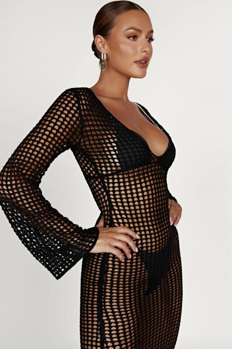 Meshki Murphy gehaakte maxi-jurk met lange mouwen kleding zwart XP0T740