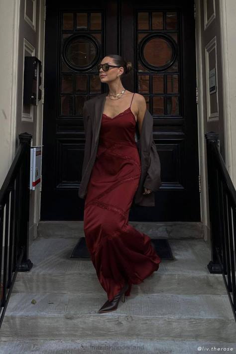 Meshki Pruimen maxi-jurk van gesplitst kant kleding kersen chocolade XP0T508