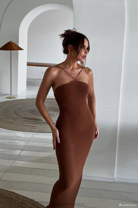 Meshki aryana asymmetrische rechte maxi haltergebreide jurk kleding klei XP0T727