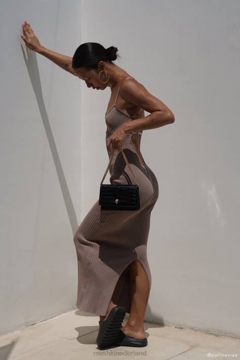 Meshki Avalon gebreide midi-jurk zonder rug kleding taupe XP0T350