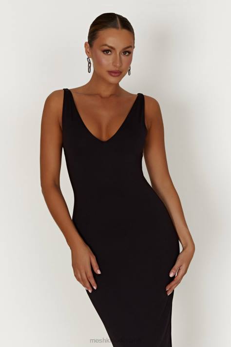 Meshki Gretel midi-jurk van gerecycled nylon met v-hals kleding zwart XP0T310