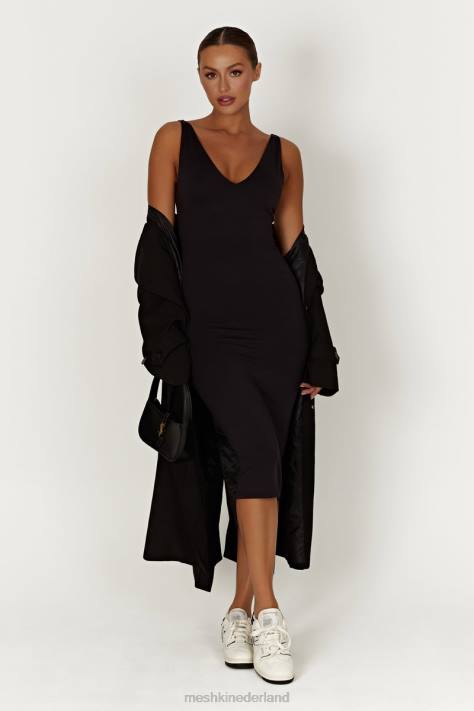 Meshki Gretel midi-jurk van gerecycled nylon met v-hals kleding zwart XP0T310