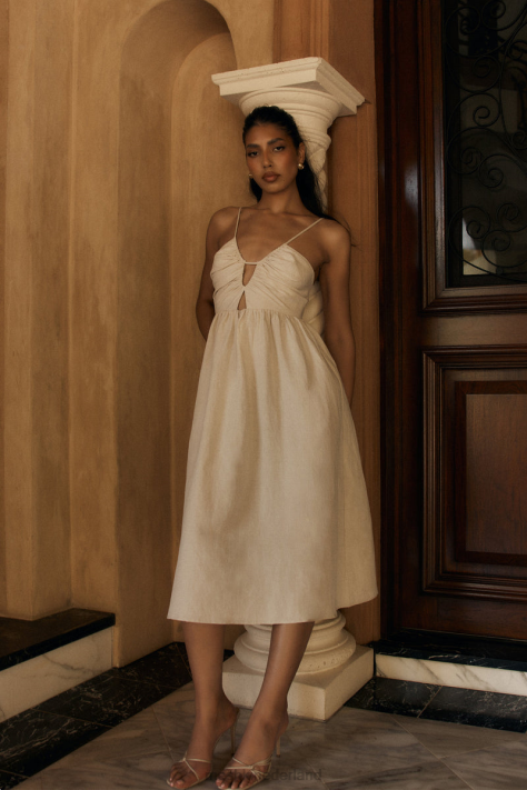 Meshki Magdelena uitgesneden linnen midi-jurk kleding natuurlijk XP0T19