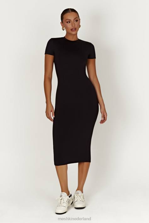 Meshki Penny gerecycled nylon midi-jurk met korte mouwen kleding zwart XP0T349