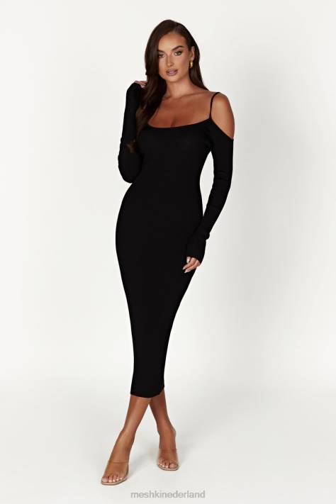 Meshki Shea off-shoulder gebreide midi-jurk kleding zwart XP0T228