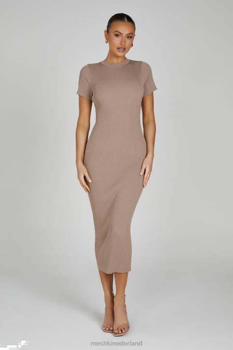 Meshki Sonia gebreide midi-jurk met korte mouwen kleding taupe XP0T162