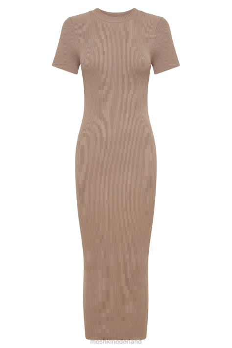 Meshki Sonia gebreide midi-jurk met korte mouwen kleding taupe XP0T162