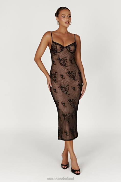 Meshki Venetië geborduurde midi-jurk van mesh kleding zwart XP0T115