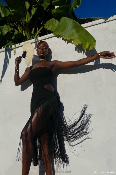 Meshki Yasmin overslag midi-jurk met franjes kleding zwart XP0T625