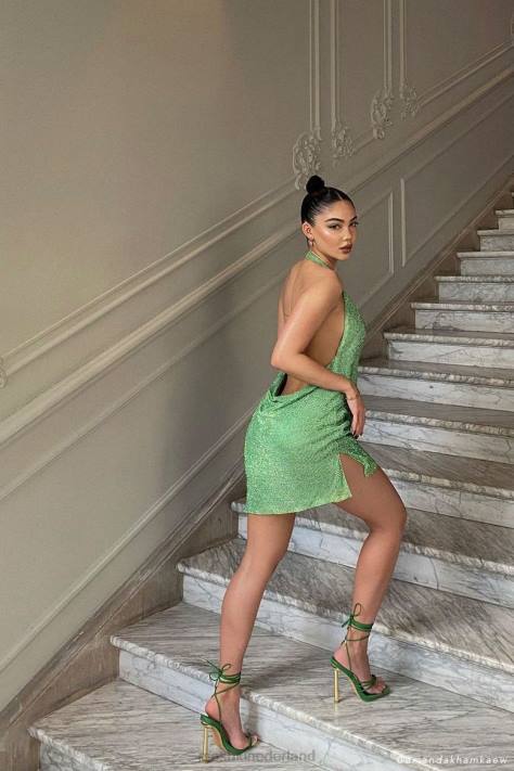 Meshki meilani mini-jurk van mesh met lage rug en diamanten kleding groente XP0T726