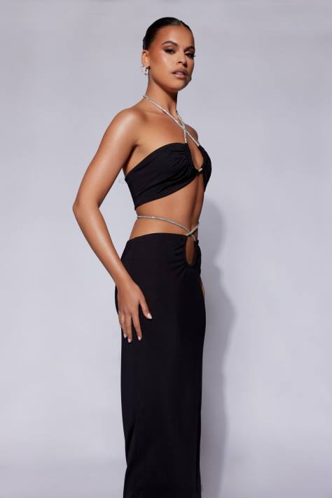 Meshki robijnrode bandeau met diamanten touw en ruches kleding zwart XP0T1120
