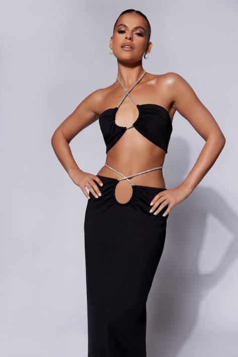 Meshki robijnrode bandeau met diamanten touw en ruches kleding zwart XP0T1120