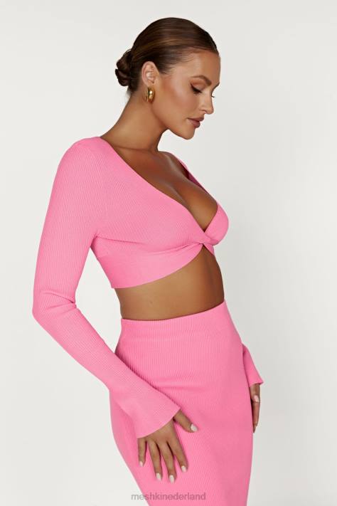 Meshki Kaesha gebreide top met lange mouwen en gedraaide voorkant kleding kauwgom roze XP0T1070