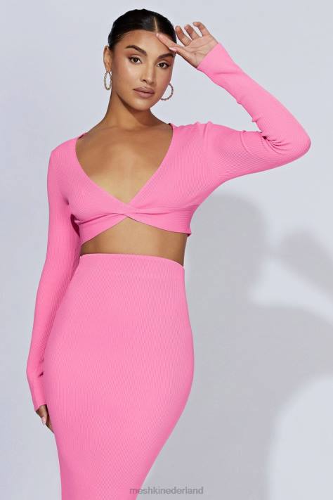 Meshki Kaesha gebreide top met lange mouwen en gedraaide voorkant kleding kauwgom roze XP0T1070