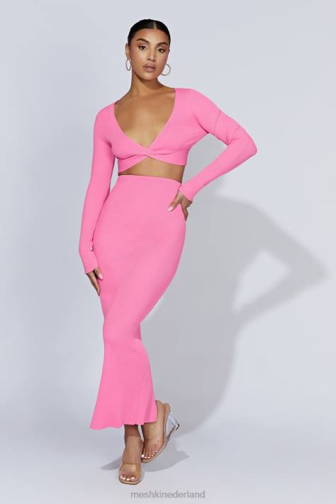 Meshki Kaesha gebreide top met lange mouwen en gedraaide voorkant kleding kauwgom roze XP0T1070