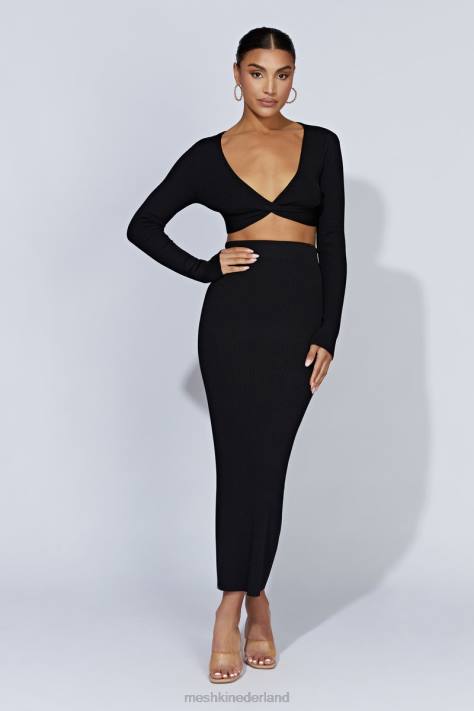 Meshki Kaesha gebreide top met lange mouwen en gedraaide voorkant kleding zwart XP0T903