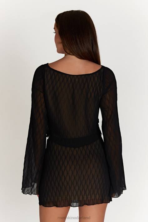 Meshki Top met golvende plooien en uitlopende mouwen van klimop kleding zwart XP0T1074