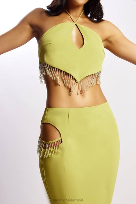 Meshki jayleen keyhole driehoekige haltertop met franjes kleding chartreuse XP0T1135