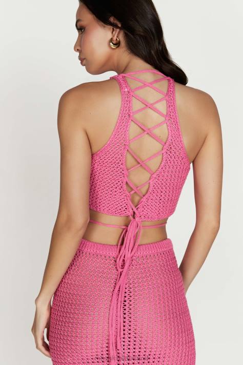 Meshki raquel gehaakte top met veters aan de achterkant kleding kauwgom roze XP0T1050