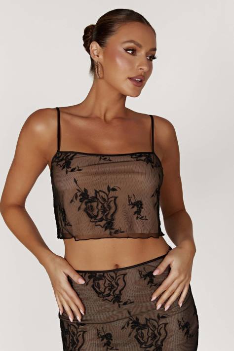 Meshki xena cami-topje van geborduurd mesh kleding zwart XP0T888