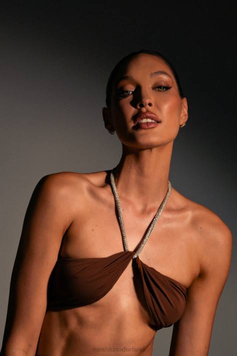 Meshki Crop top met halterhals en diamanten ketting kleding chocolade XP0T1117
