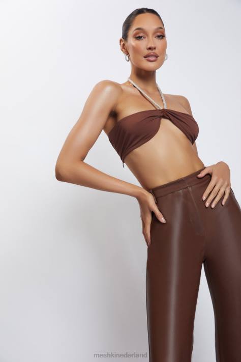 Meshki Crop top met halterhals en diamanten ketting kleding chocolade XP0T1117