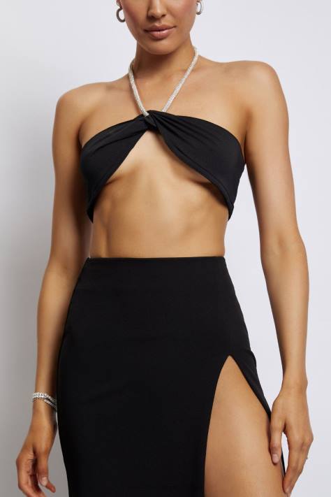 Meshki Crop top met halterhals en diamanten ketting kleding zwart XP0T1132