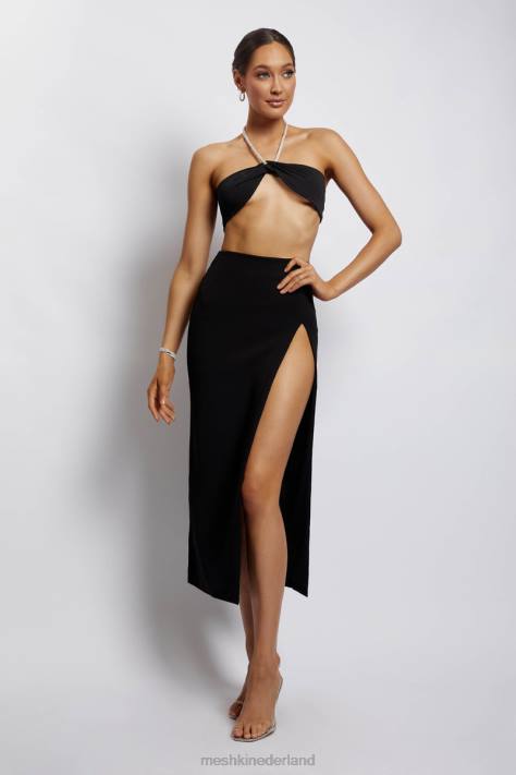 Meshki Crop top met halterhals en diamanten ketting kleding zwart XP0T1132