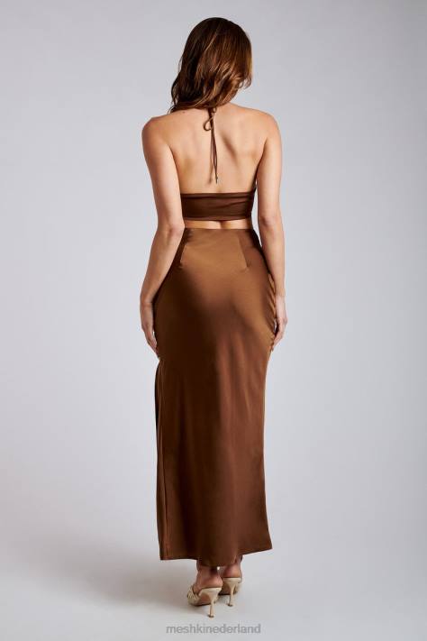 Meshki Kimia satijnen crop top met ruches en strikband kleding chocolade XP0T1163