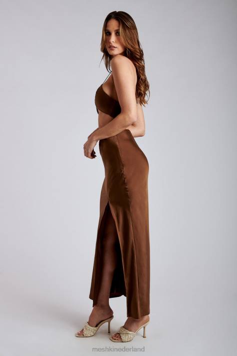 Meshki Kimia satijnen crop top met ruches en strikband kleding chocolade XP0T1163